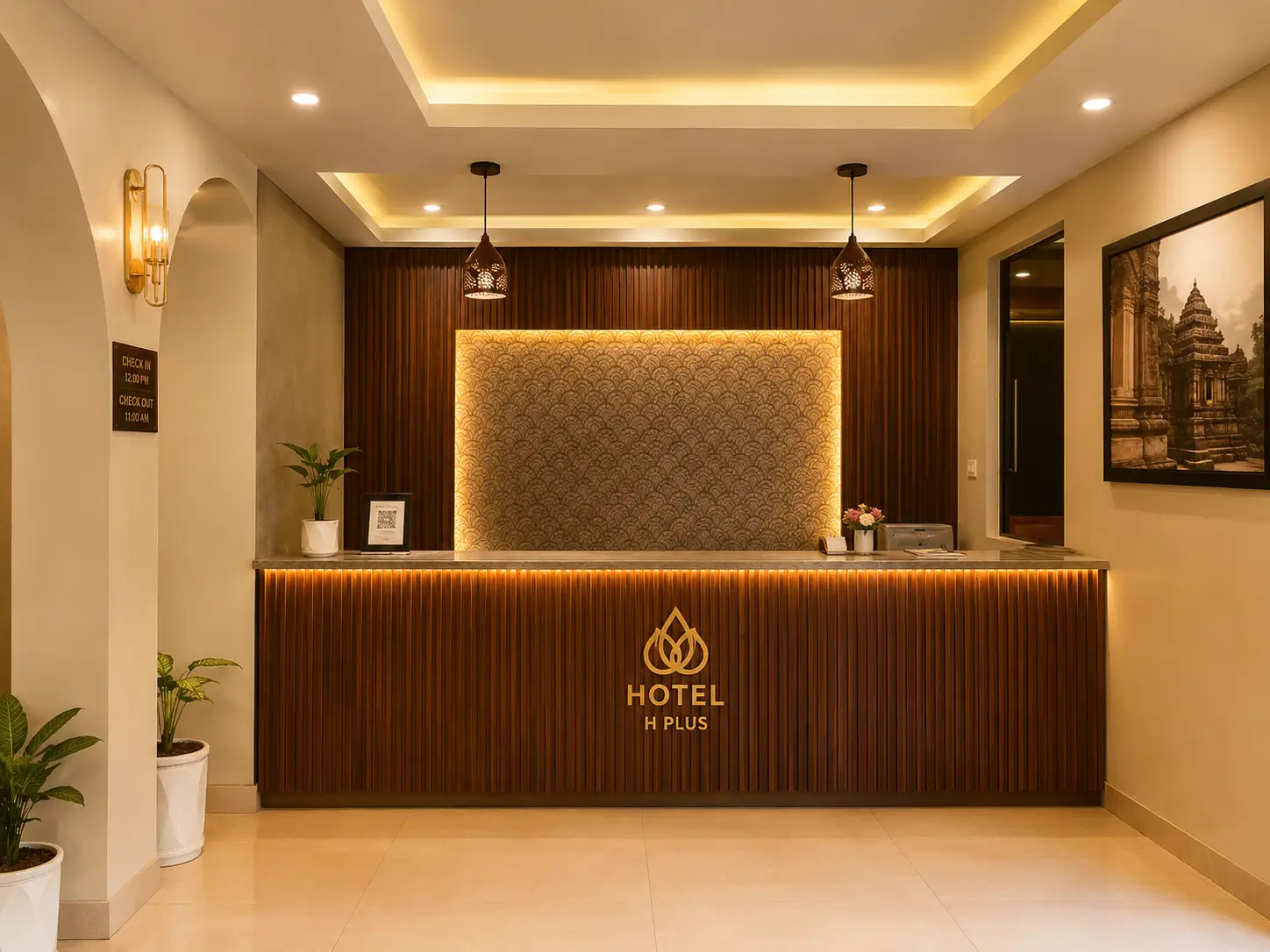 Reception desk inside Hotel H Plus lobby